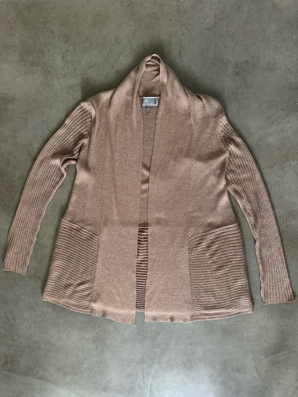 JM Collection Open-Front Ribbed Pocket Cardigan in Gold